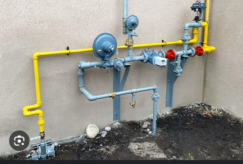 Gas meter installation on an exterior wall with yellow and gray pipes, pressure regulator, and valves visible.